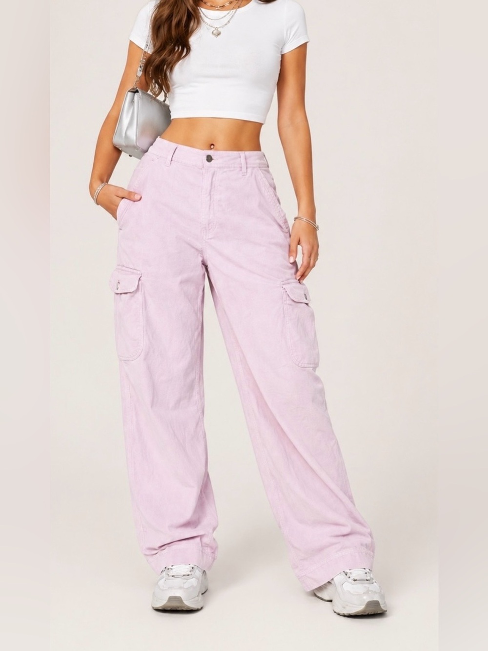 New American Eagle Lilac Corduroy Super High Rise Baggy Wide Leg Cargo Pants 6